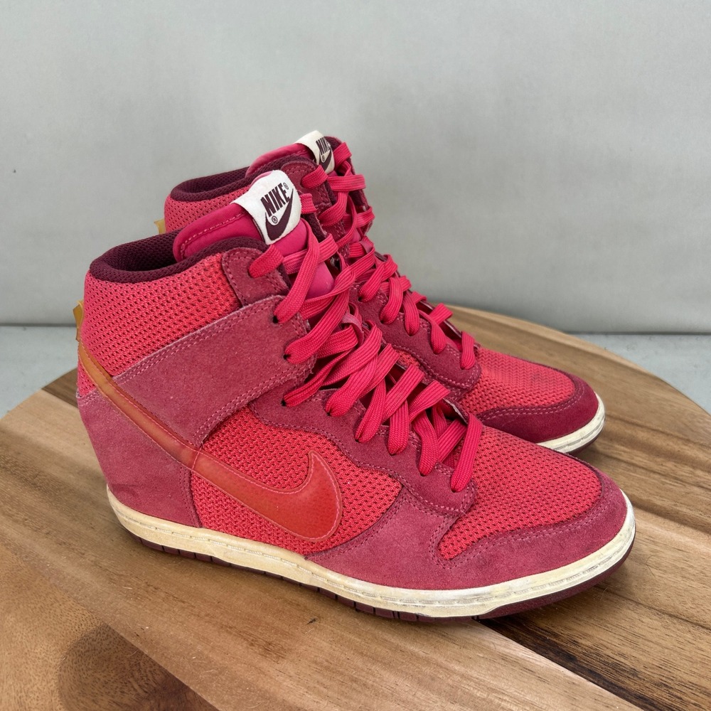 Nike Dunk Sky Hi Mesh Pink Suede Hidden Wedge Sneakers 644877-600 Womens 8.5